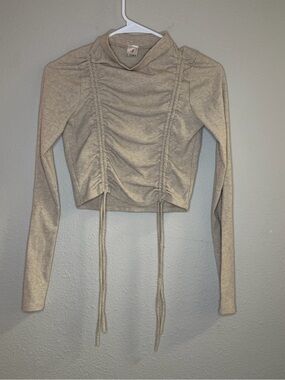 I Joah Women’s Large Side Seam Ruched Long Sleeve Top - Taupe Y2K
